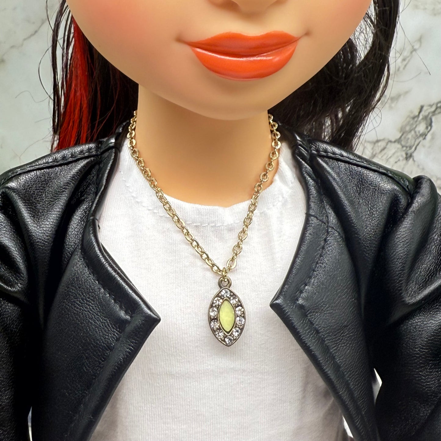 Oval Light Green Clear Rhinestone Pendant Gold Doll Necklace • 18 Inch Fashion Doll Jewelry