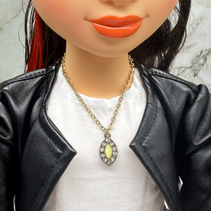 Oval Light Green Clear Rhinestone Pendant Gold Doll Necklace • 18 Inch Fashion Doll Jewelry