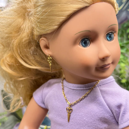 Gold Vintage Style Scissors Charm Doll Necklace & Earrings Set • 18 Inch Fashion Doll Jewelry