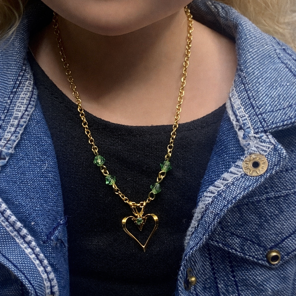 Gold Open Heart Pendant Green Glass Crystal Accent Doll Necklace • 18 Inch Doll Jewelry