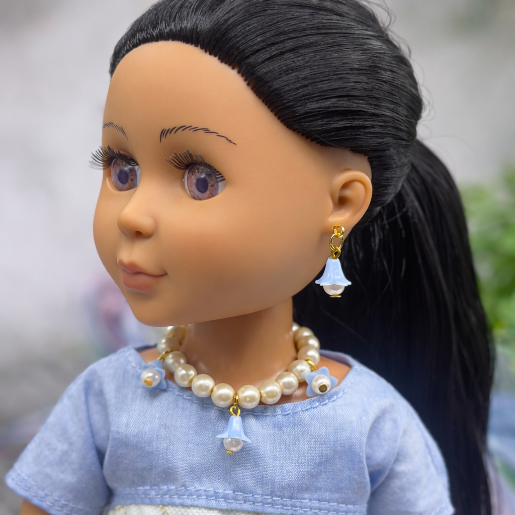 Light Blue Bell Flower Dangle Pearl Beaded Doll Necklace & Earrings • 14 Inch Fashion Doll Jewelry