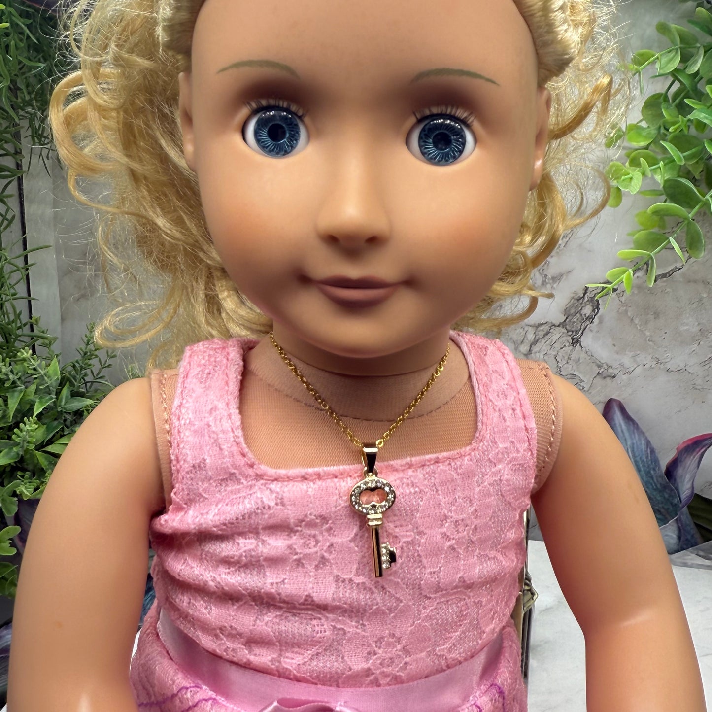 Gold Key Rhinestone Accent Pendant Doll Necklace • 18 Inch Fashion Doll Jewelry