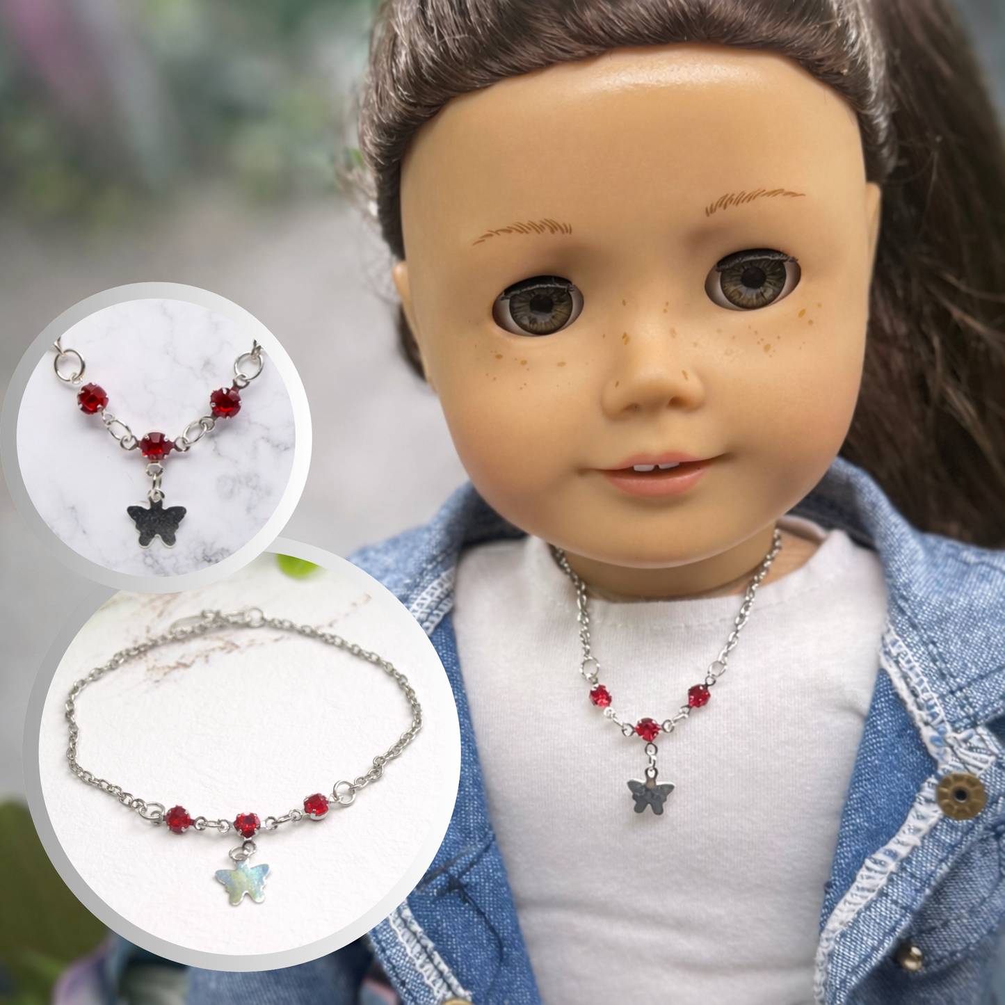 Silver Butterfly Charm Red Rhinestone Accent Doll Necklace • 18 Inch Fashion Doll Jewelry