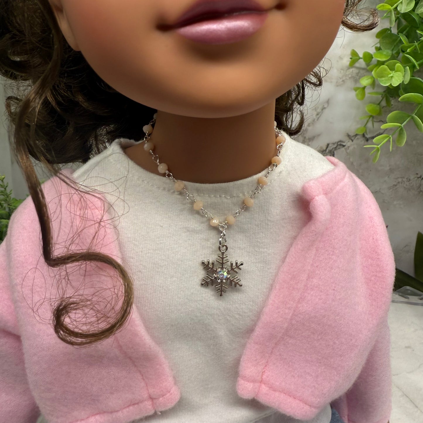 Light Pinkish Beige Glass Crystal Beaded Snowflake Doll Necklace • 18 Inch Fashion Doll Jewelry