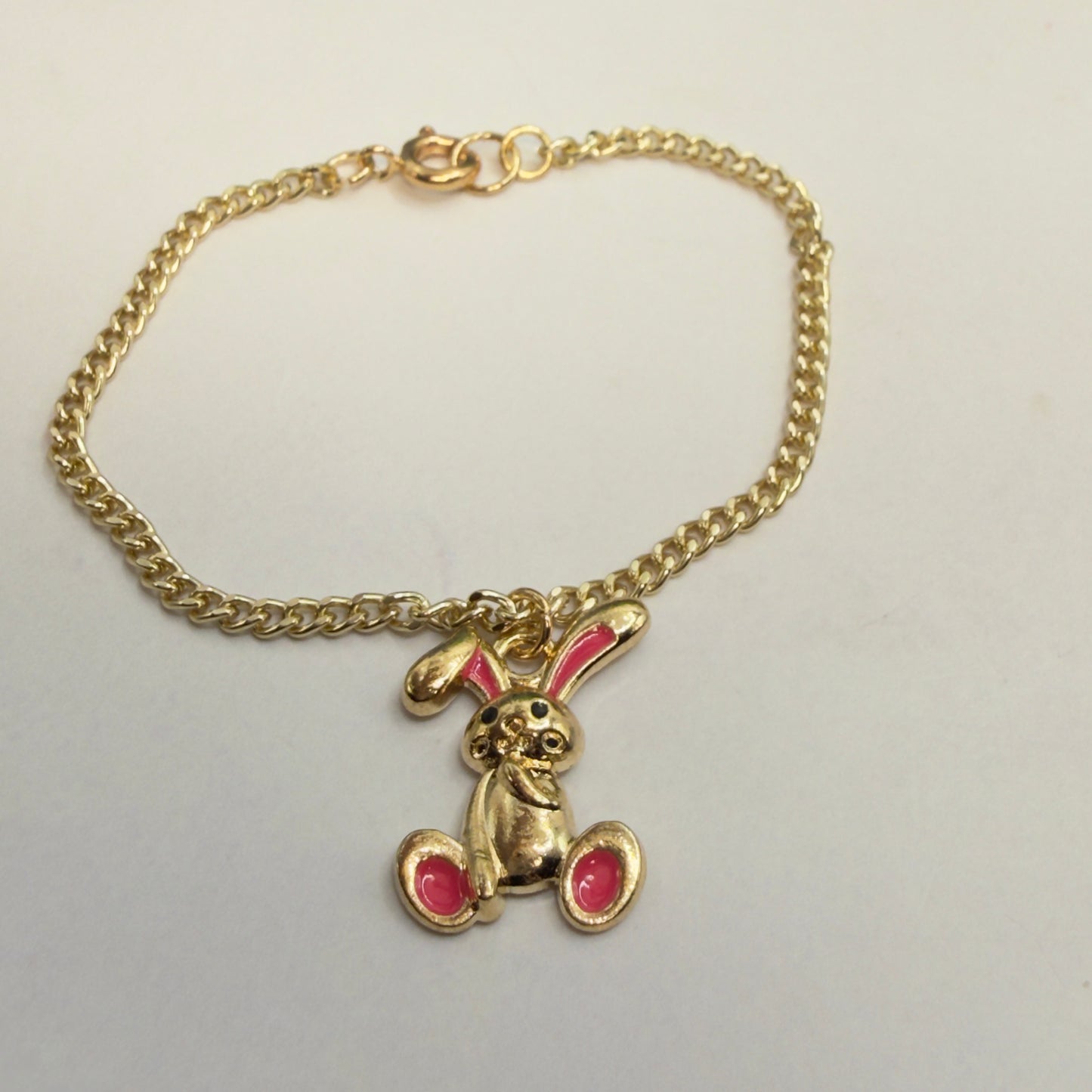 Bright Pink Accent Floppy Ear Bunny Charm Gold Doll Necklace • 18 Inch Fashion Doll Jewelry