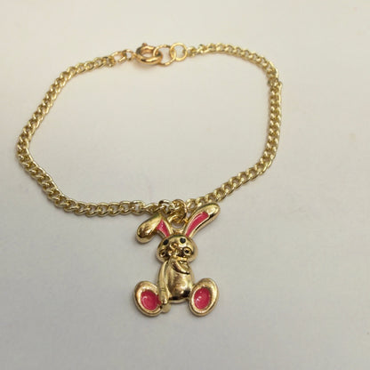 Bright Pink Accent Floppy Ear Bunny Charm Gold Doll Necklace • 18 Inch Fashion Doll Jewelry