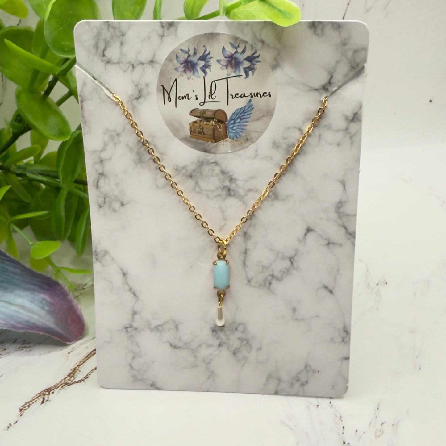 Rectangular Blue Glass & Pearl Dangle Doll Necklace • 18 Inch Fashion Doll Jewelry