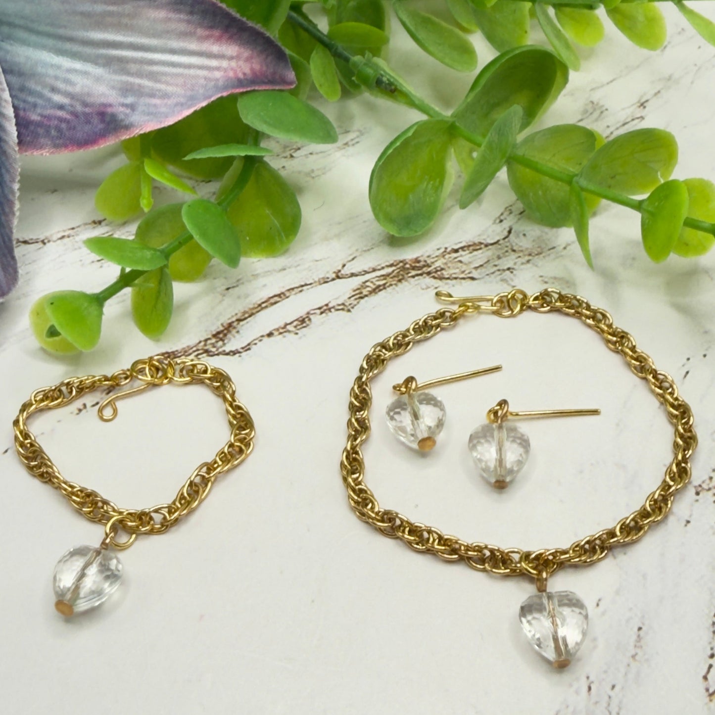 Clear Heart Charm Gold Chain Doll Necklace Bracelet & Earrings • 18 Inch Fashion Doll Jewelry