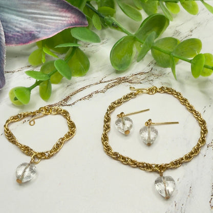 Clear Heart Charm Gold Chain Doll Necklace Bracelet & Earrings • 18 Inch Fashion Doll Jewelry