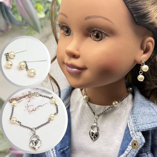 Silver Heart Lock Charm Pearl Bead Silver Chain Doll Necklace • 18 Inch Fashion Doll Jewelry