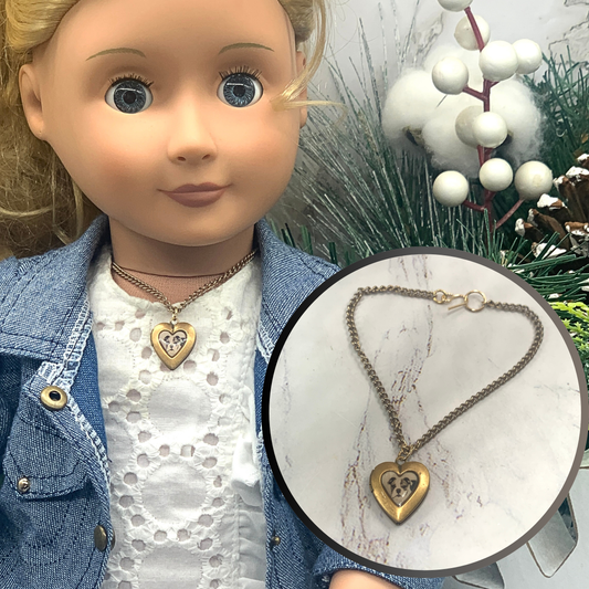 Gold Heart Locket w/ Dog Pic Chain Doll Necklace • 18 inch Fashion Doll Jewelry