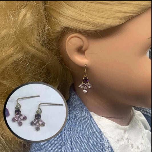 Shades Of Purple Rhinestone Gold Tone Dangle Doll Earrings • 18” Doll Jewelry