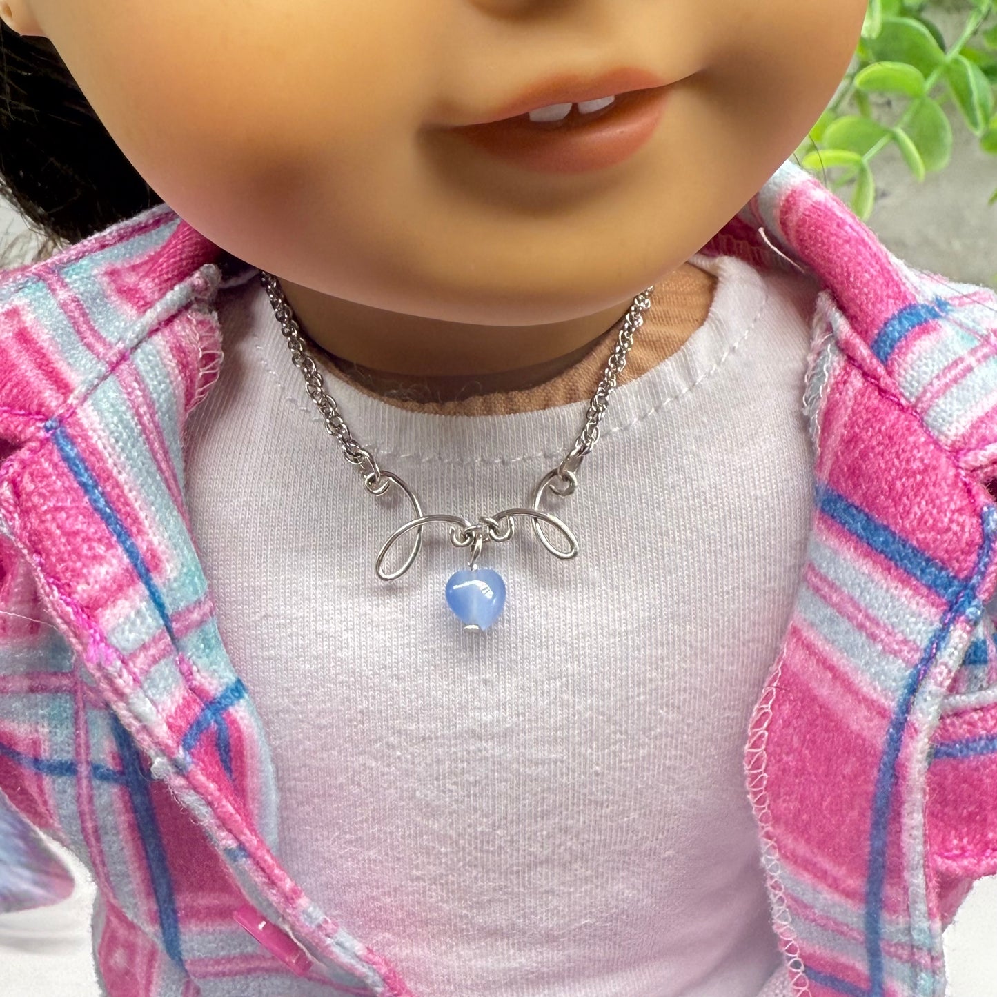 Blue Glass Heart Charm Silver Chain Doll Necklace • 18 Inch Fashion Doll Jewelry