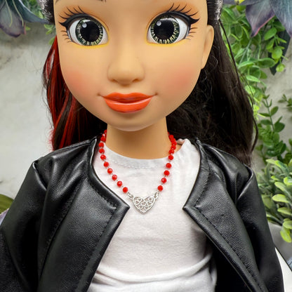 Red Glass Crystal Bead Silver Filigree Heart Charm Doll Necklace • 18 Inch Fashion Doll Jewelry