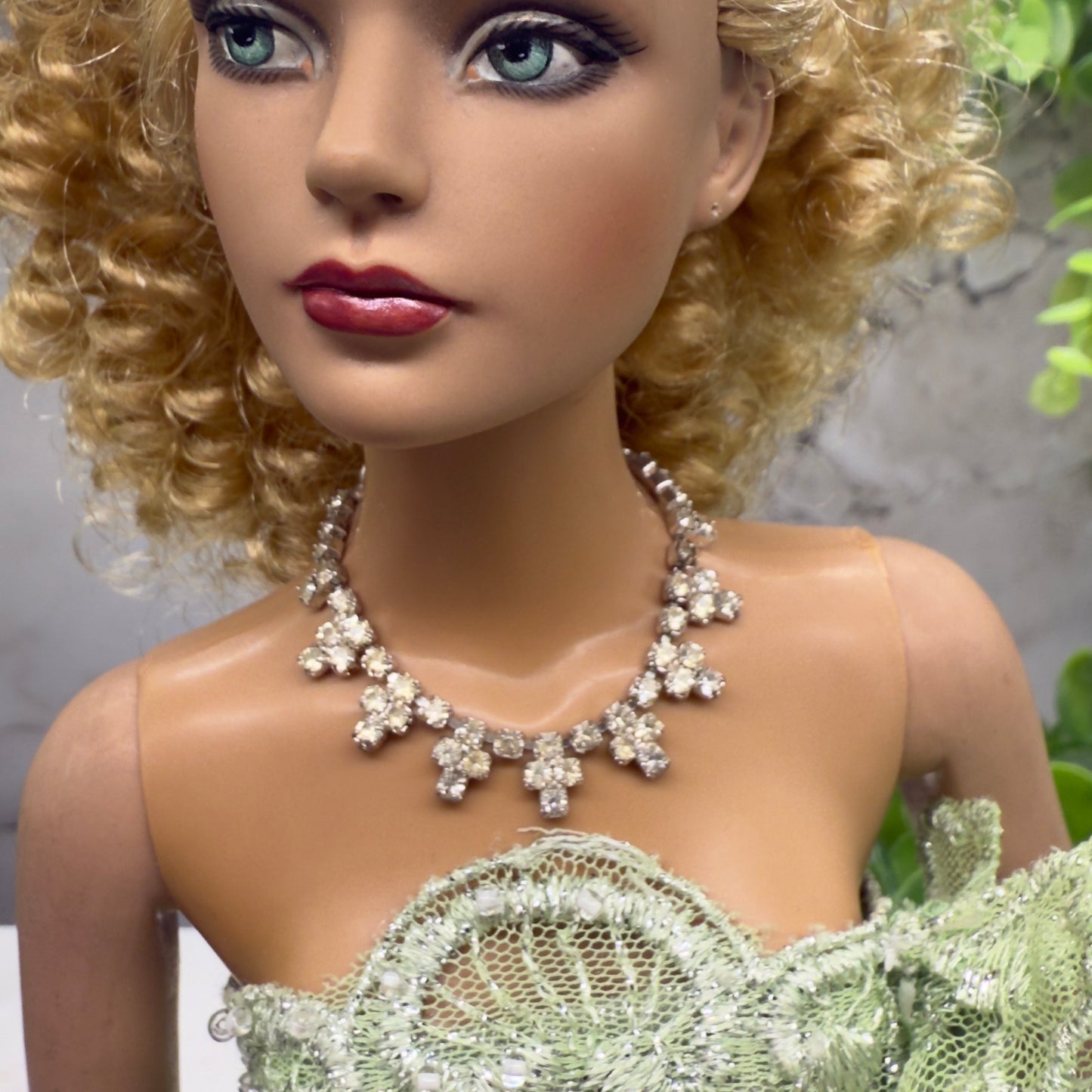 Clear Rhinestone Lace Collar Vintage Style Doll Necklace • 16” Fashion Doll Jewelry