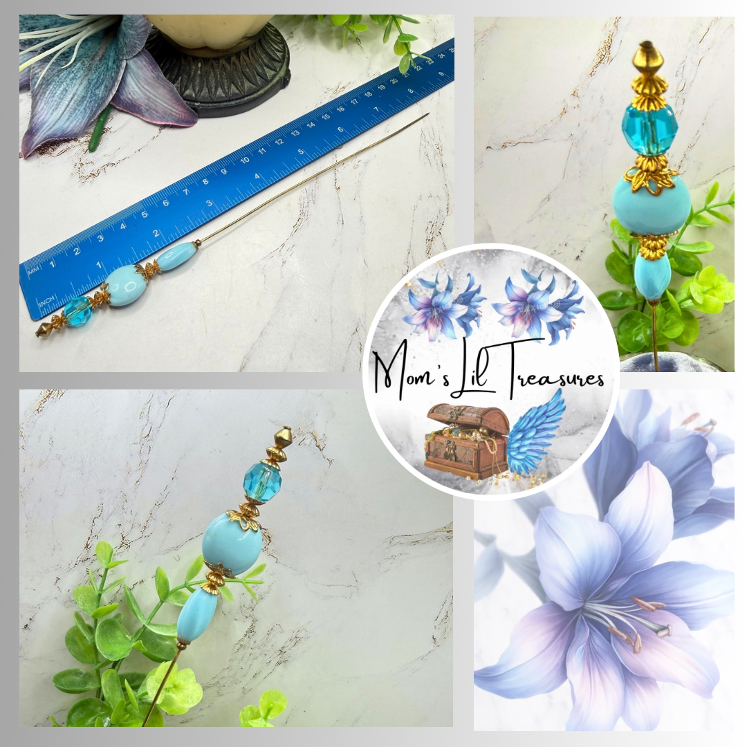 Robin’s Egg Blue Aqua Glass Bead Gold Filigree - 8 Inch Hatpin