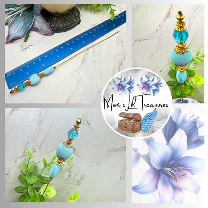 Robin’s Egg Blue Aqua Glass Bead Gold Filigree - 8 Inch Hatpin