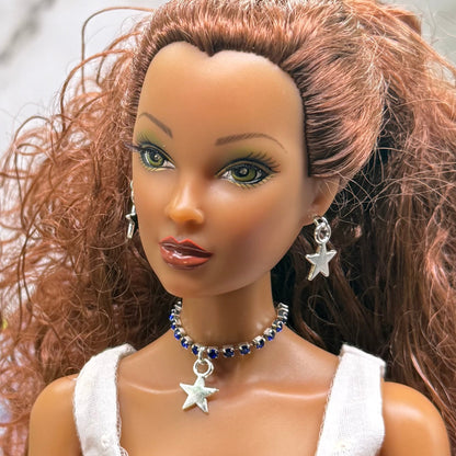 Blue Rhinestone Silver Star Charm Doll Necklace & Earrings for 16 Inch Fashion Doll