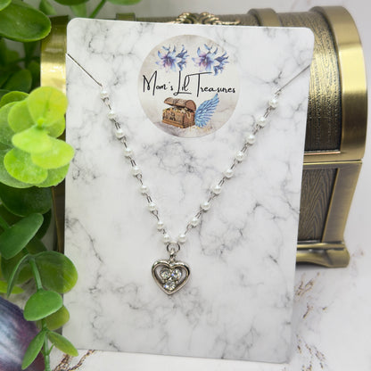 Silver Rhinestone Accented Heart Charm Pearl Beaded Chain Doll Necklace • 18 Inch Fashion Doll Jewelry