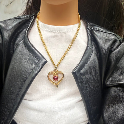 Open Work Gold Heart Red Rhinestone Pendant Doll Necklace • 18 Inch Fashion Doll Jewelry