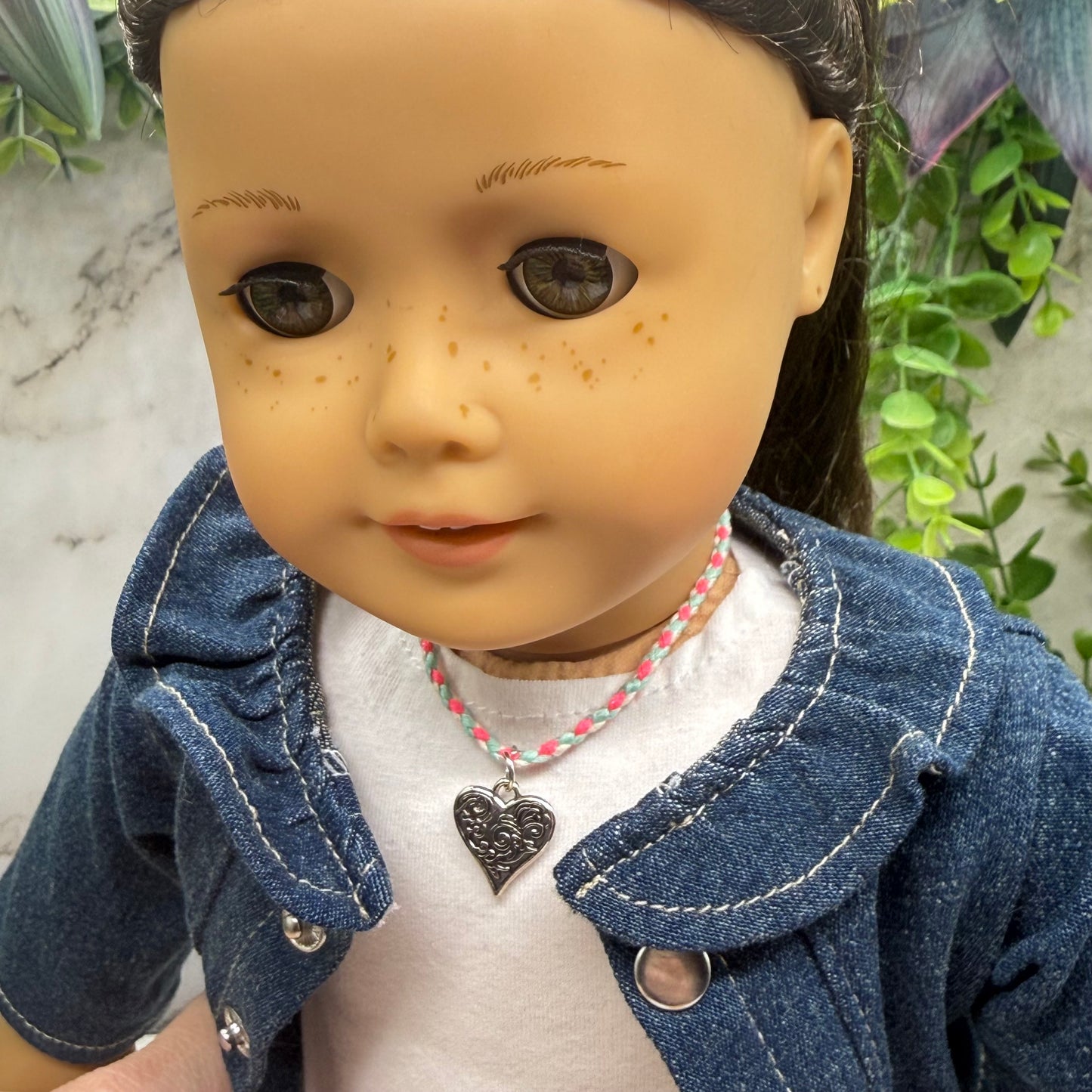 Pink Blue White Braided Thread Silver Heart yuhCharm Doll Necklace • 18 Inch Fashion Doll Jewelry