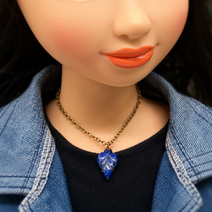 Blue Arrowhead Heart Shape Glass Pendant Doll Necklace • 18 Inch Doll Jewelry