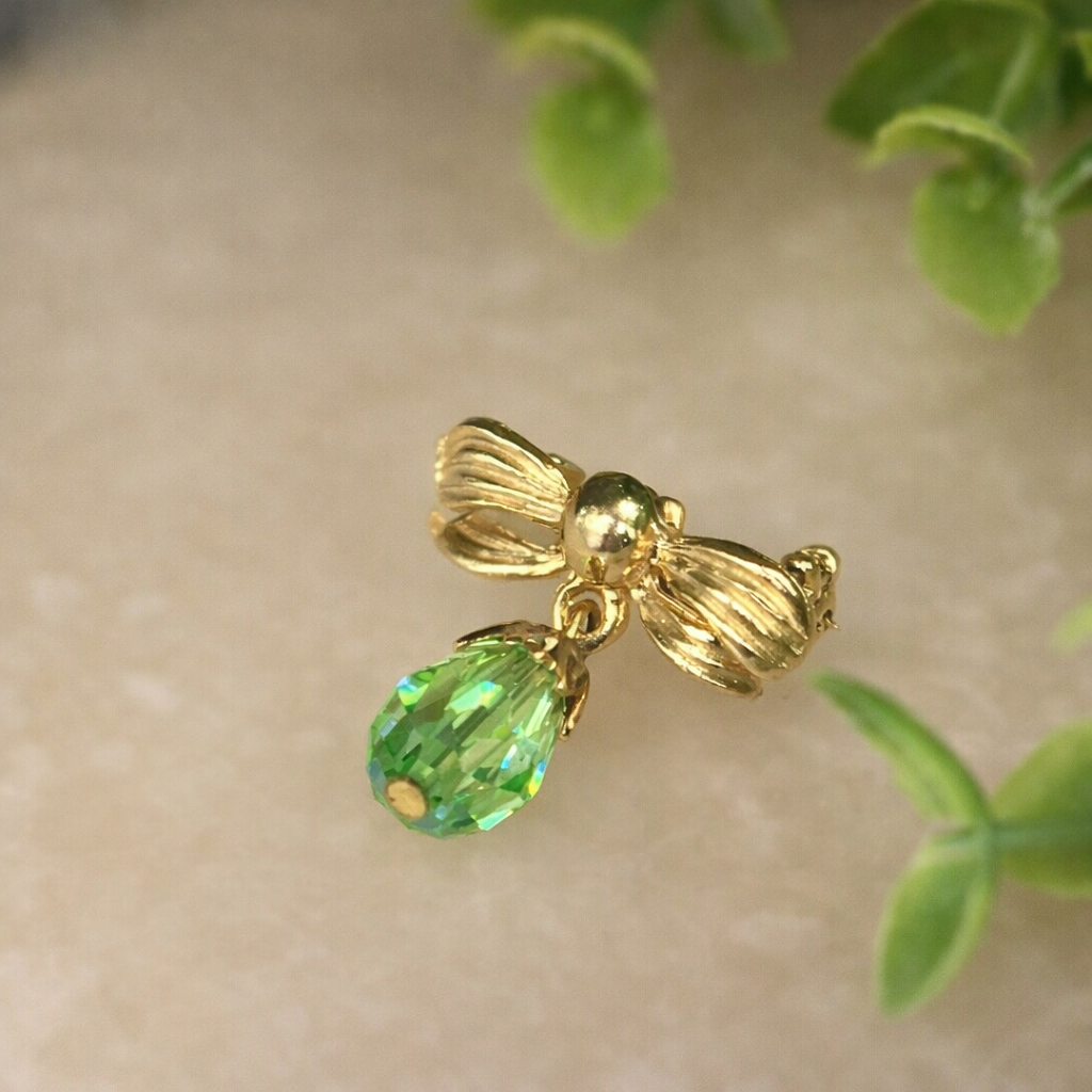 Green Glass Crystal Gold Bow Dangle Doll Pin •  Doll Brooch