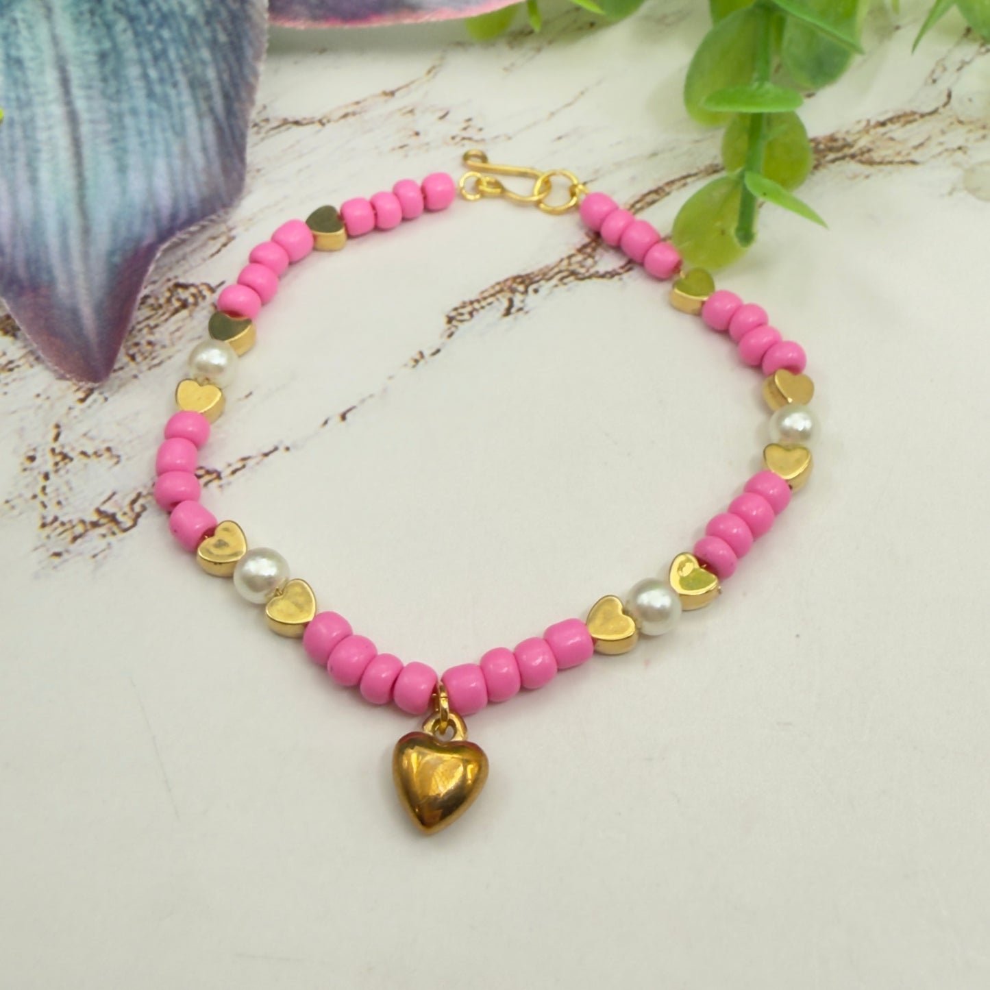 Pink & Pearl Beaded Gold Heart Valentine’s Day Doll Necklace • 18 Inch Fashion Doll Jewelry