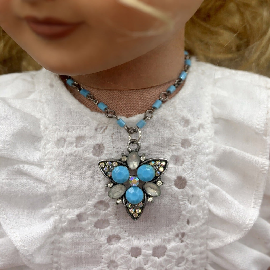 Turquoise Blue Glass Rhinestone Starburst Design Doll Necklace •18” Doll Jewelry