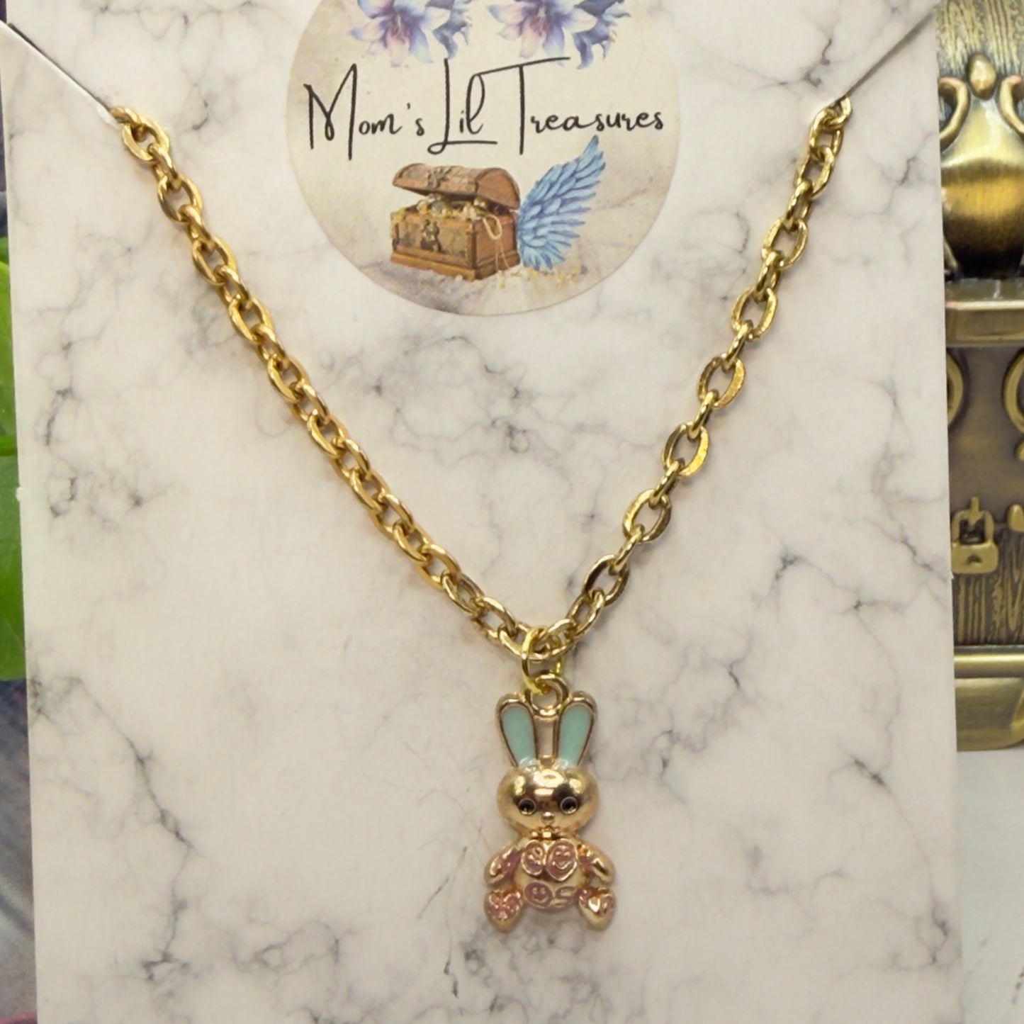 Bunny Blue & Purple Enamel Detail Charm Doll Necklace Easter • 18 Inch Fashion Doll Jewelry