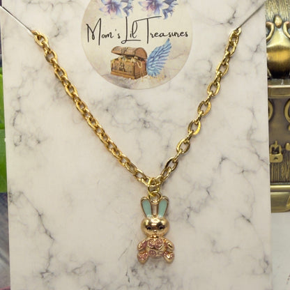 Bunny Blue & Purple Enamel Detail Charm Doll Necklace Easter • 18 Inch Fashion Doll Jewelry