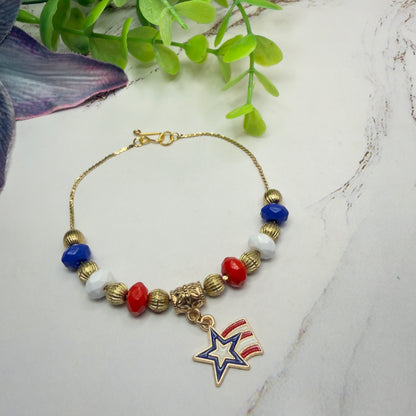 Red White Blue Gold Beaded Americana Star Charm Doll Necklace for 18 Inch Fashion Doll