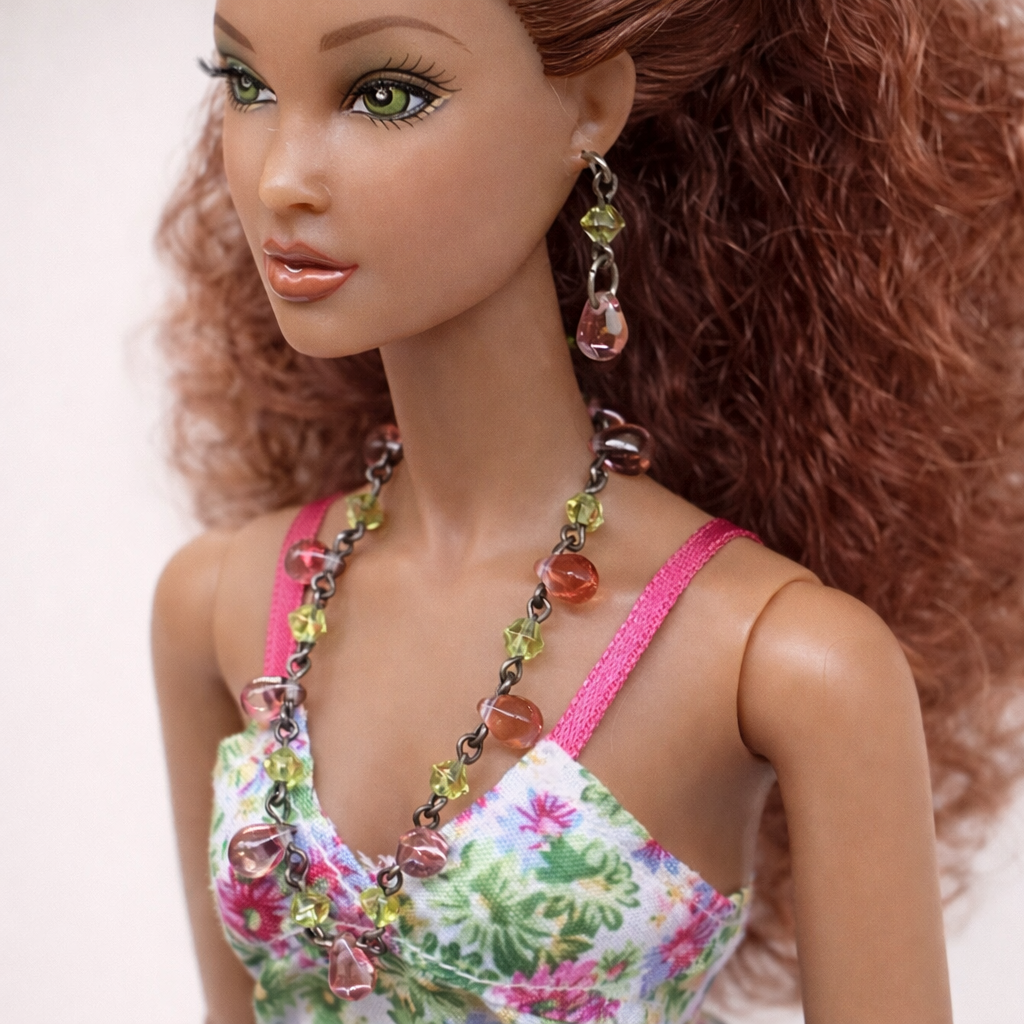 Purple Teardrop Green Glass Doll Necklace Earring Set • 16 Inch Doll Jewelry