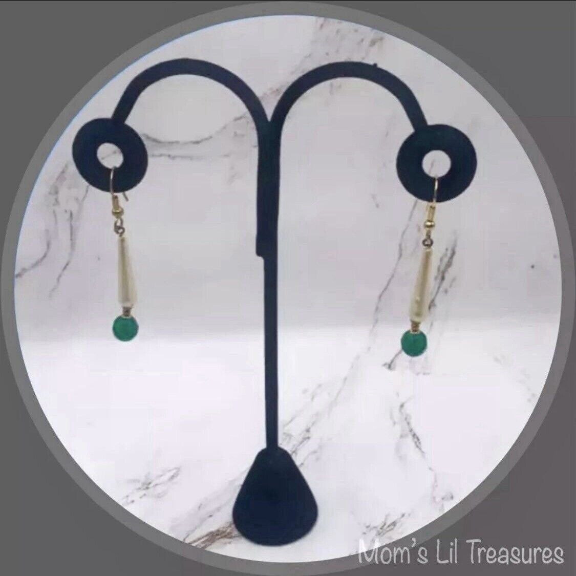 Elongated Teardrop Pearl & Green Glass Crystal Dangle Earrings • Handmade