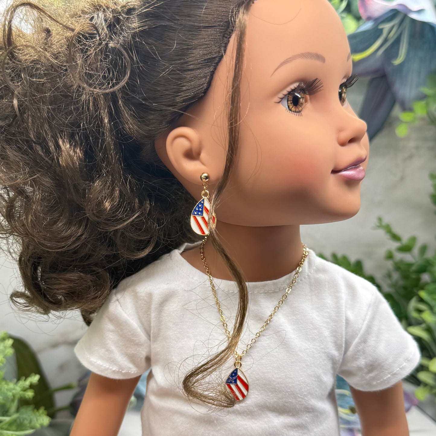 Red White Blue Teardrop Flag Patriotic Gold Doll Necklace & Earrings Set for 18 Inch Fashion Doll