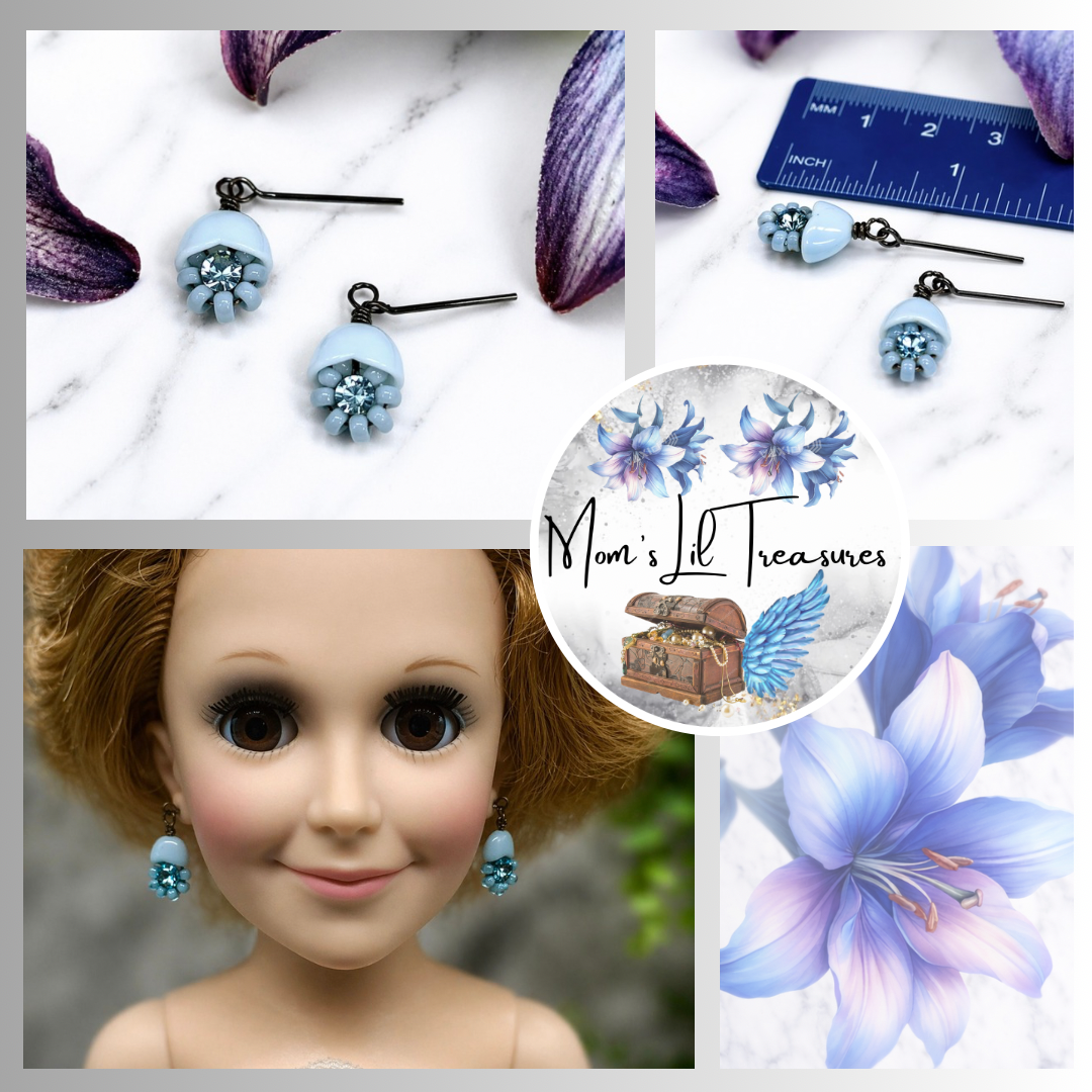 Light Blue Glass Rhinestone Flower Dangle Doll Earrings for 18-22” Vintage Doll