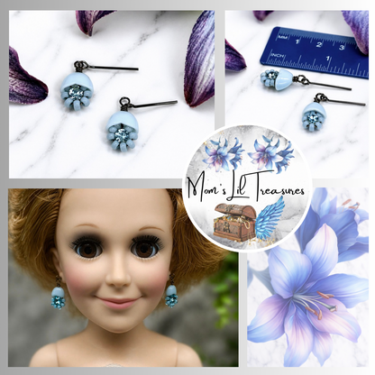 Light Blue Glass Rhinestone Flower Dangle Doll Earrings for 18-22” Vintage Doll