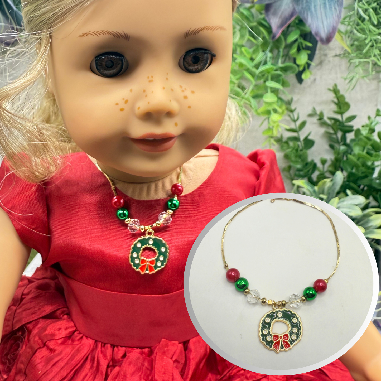 Christmas Wreath Charm Red Green Beaded Gold Doll Necklace • 18 Inch Fashion Doll Jewelry