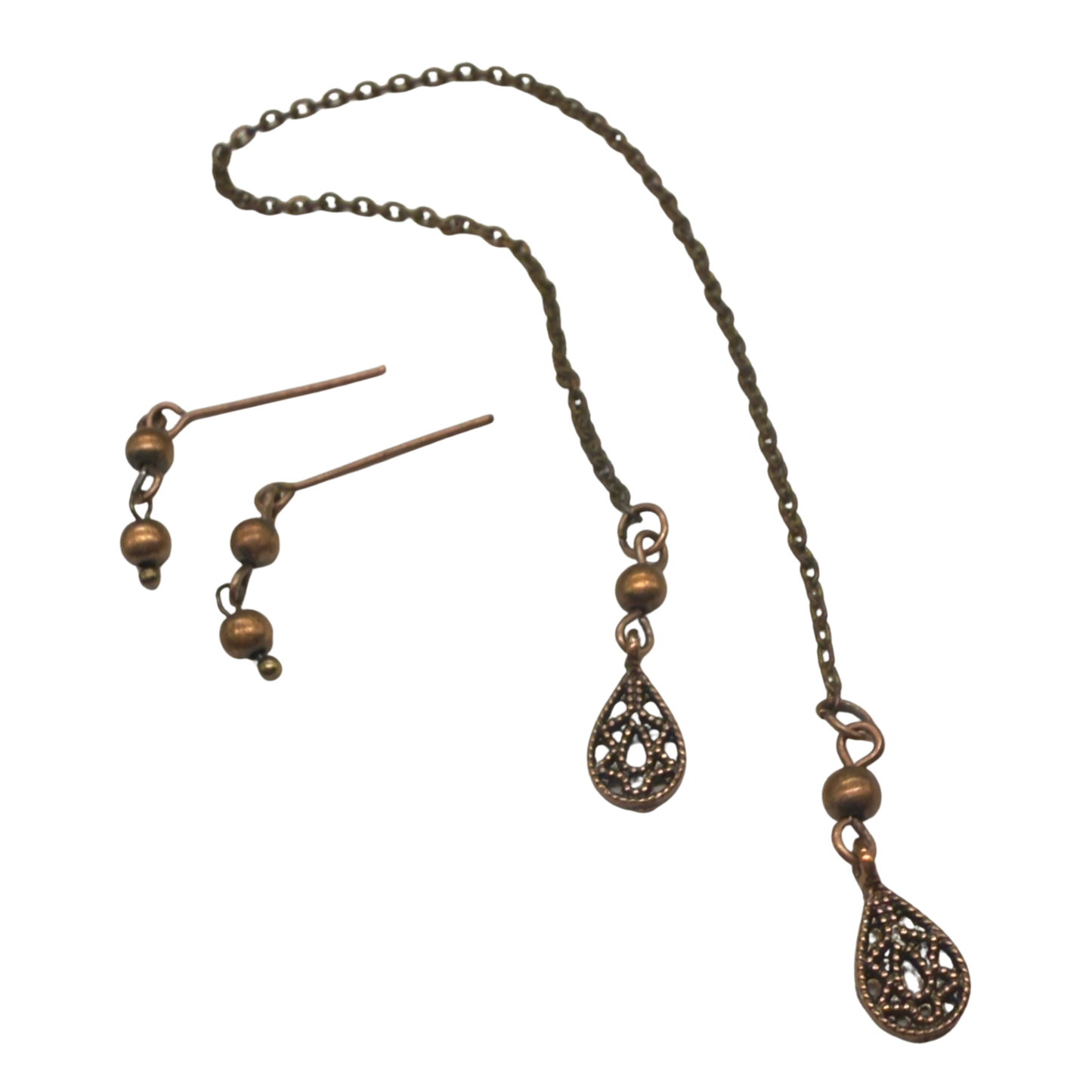 Copper Color Teardrop Dangle Wrap Doll Necklace Earring Set • 16” Doll Jewelry