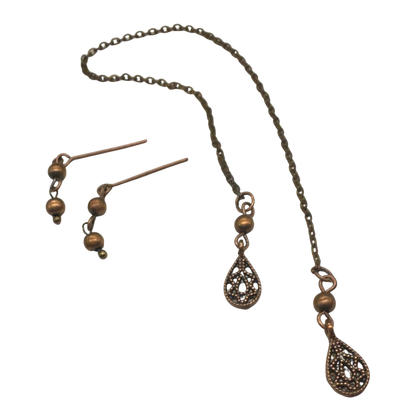 Copper Color Teardrop Dangle Wrap Doll Necklace Earring Set • 16” Doll Jewelry