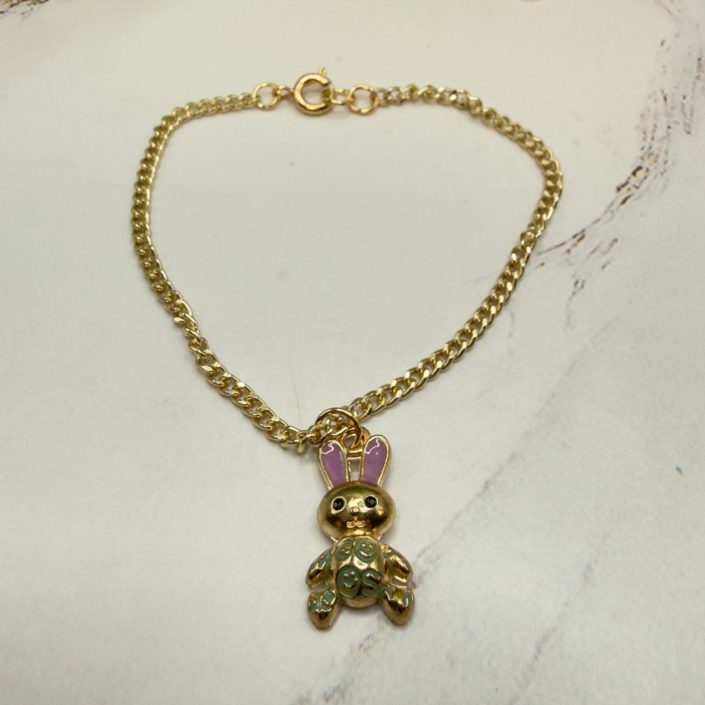 Bunny Purple & Green Enamel Detail Charm Doll Necklace Easter • 18 Inch Fashion Doll Jewelry