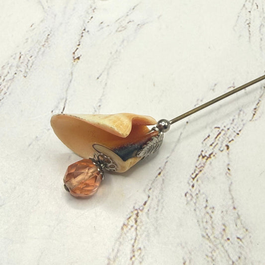 Coral Orange Cream Color Shell Hatpin Peach Crystal Accent Hatpin - 6 Inch