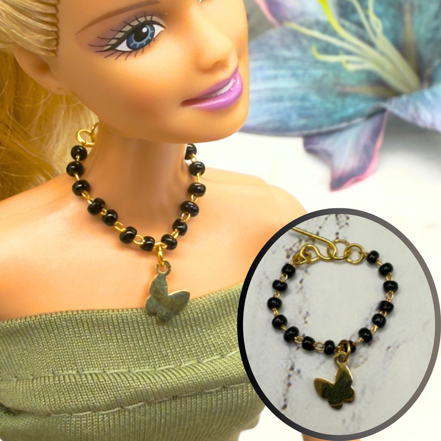 Black Beaded Gold Chain Butterfly Charm Doll Necklace • 10-12” 1:6 Fashion Doll Jewelry