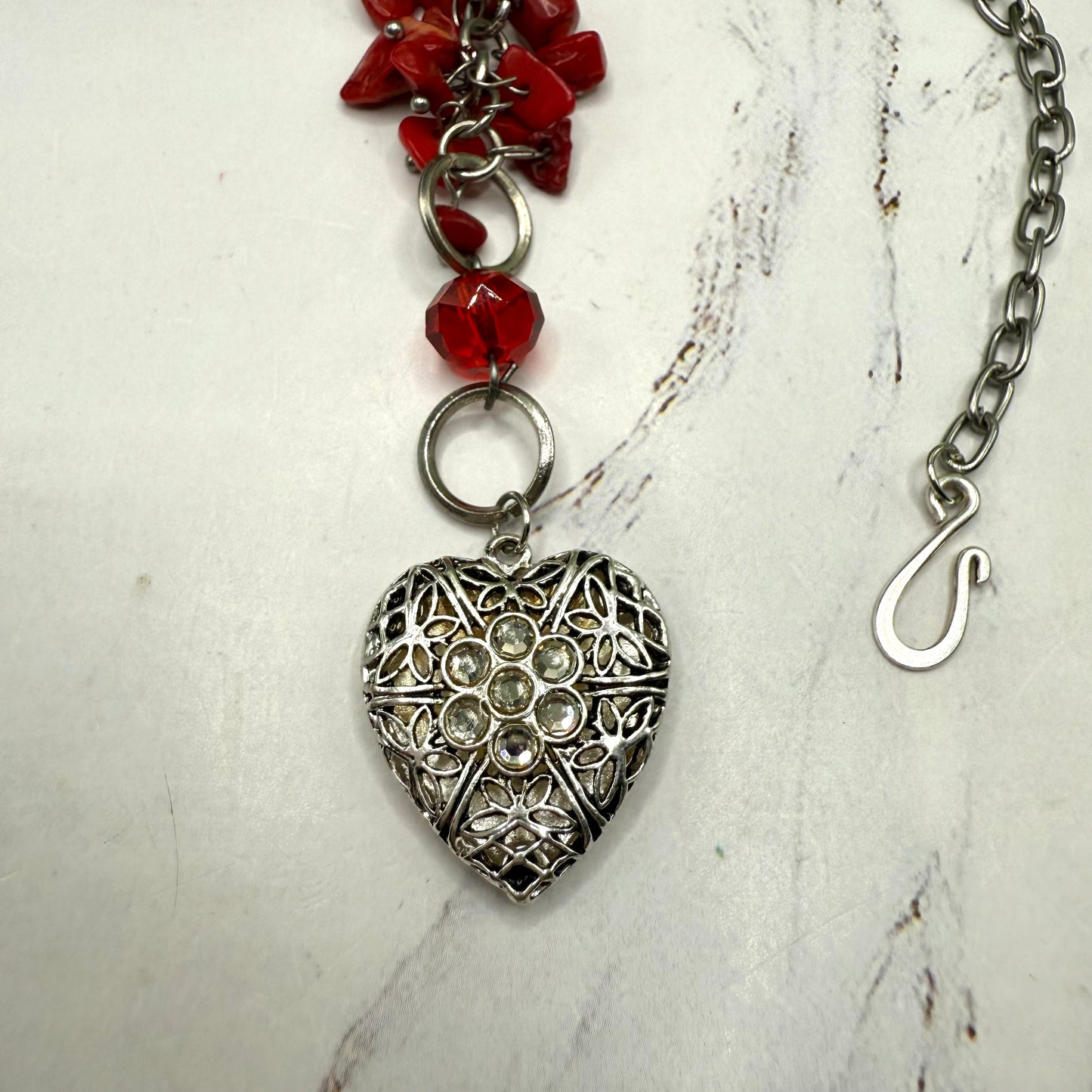 Red Stone Dangle Silver Heart Rhinestone Accents • Car Mirror Charm / Sun Catcher