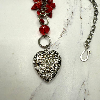 Red Stone Dangle Silver Heart Rhinestone Accents • Car Mirror Charm / Sun Catcher