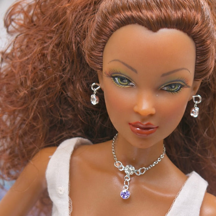 Clear & Light Purple Silver Doll Necklace & Earrings • 16 Inch Fashion Doll Jewelry