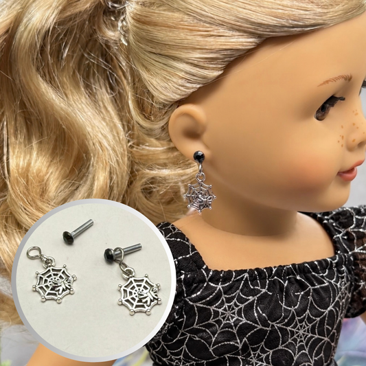 Silver Spider Web Halloween Dangle Black Rhinestone 2mm Post Doll Earrings • fits 18 Inch Doll • American Girl