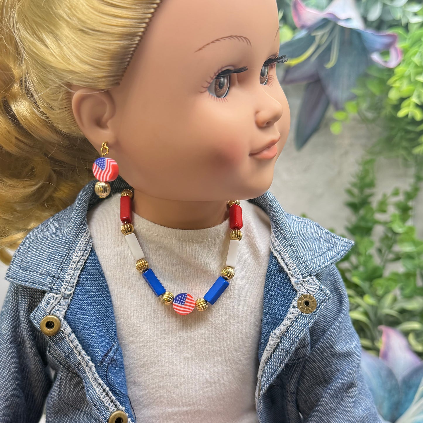 Red White Blue Beaded American Flag Charm Doll Necklace & Earrings Set for 18 Inch Fashion Doll