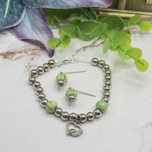 Green Swirl Pattern & Silver Beaded Winged Heart Charm Doll Necklace & Earrings Set • 18 Inch Fashion Doll Jewelry