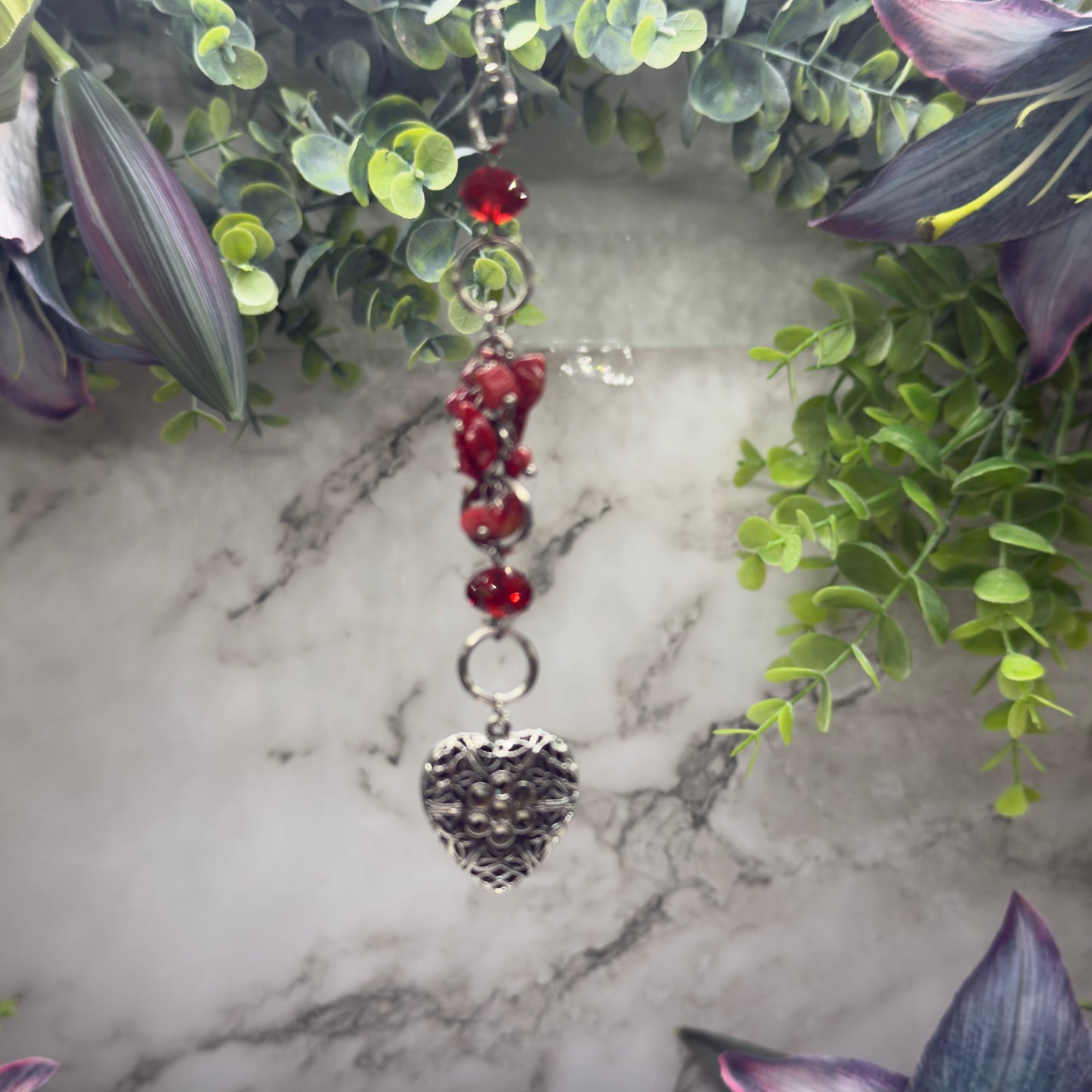 Red Stone Dangle Silver Heart Rhinestone Accents • Car Mirror Charm / Sun Catcher